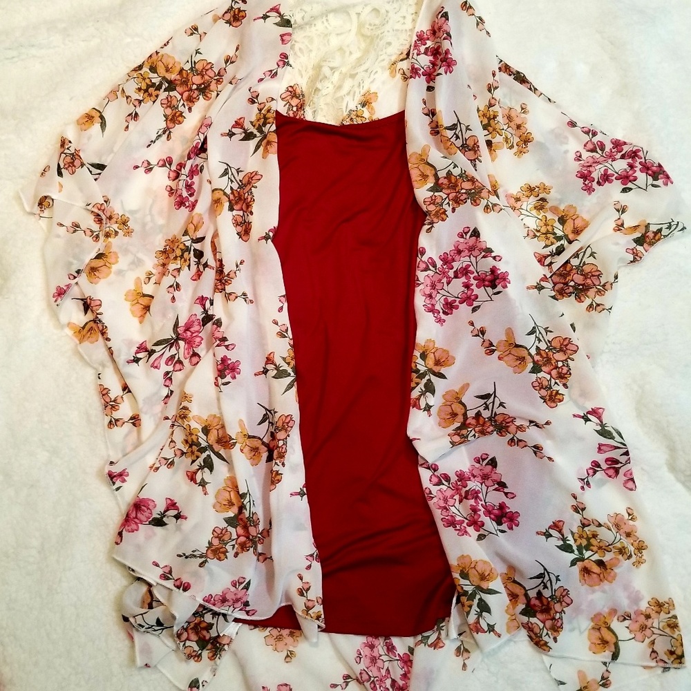 NOBO White Sheer Chiffon Kimono w/Brick Red Cami